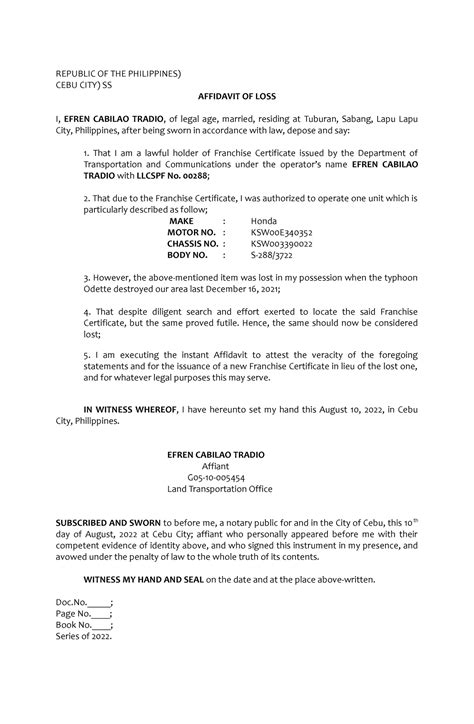 Affidavit Of Loss Of Franchise CERT REPUBLIC OF THE PHILIPPINES