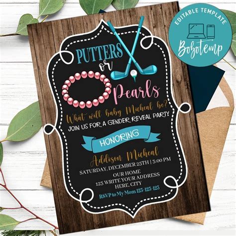 Putters Or Pearls Gender Reveal Invitation Printable Diy Bobotemp