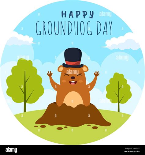 Happy Groundhog Day on February 2 with Cute Marmot Character and Garden ...