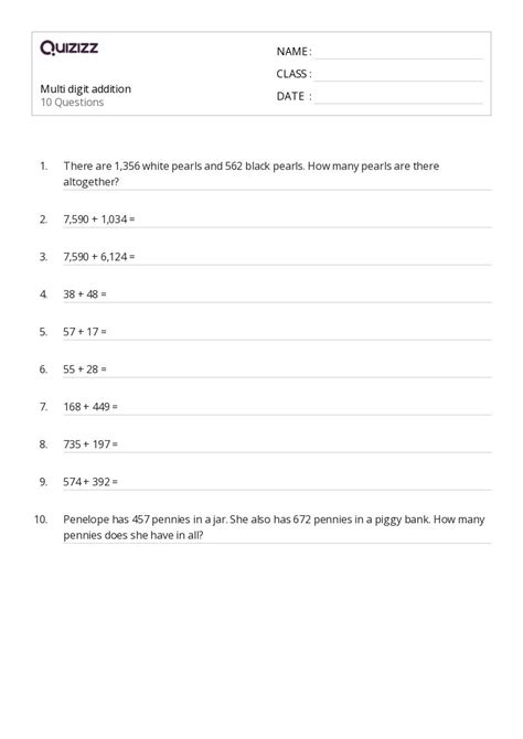 50 Multi Digit Addition Worksheets For 3rd Class On Quizizz Free