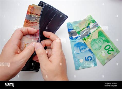 A Person Opening A Wallet And Spending Canadian Dollars On A White