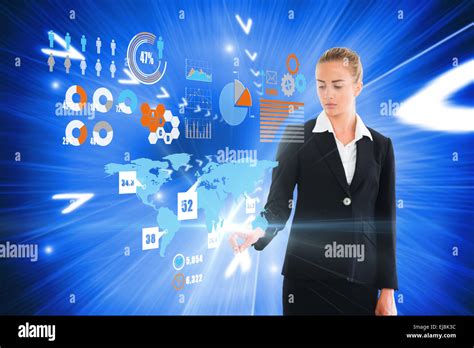 Blonde Businesswoman Touching Interface Stock Photo Alamy