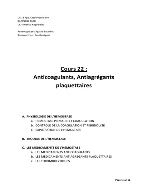 Cours 22 Anticoagulants Antiagrégants plaquettaires