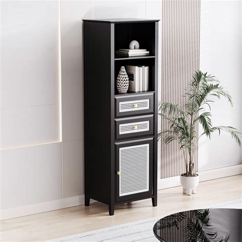 UBesGoo 63" Slim Tall Cabinet with Rattan Door, Mid Century Modern ...