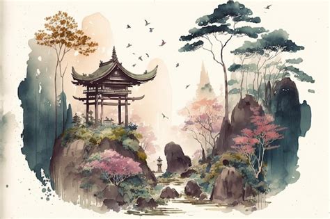 Premium Photo Watercolor Japanese Landscape