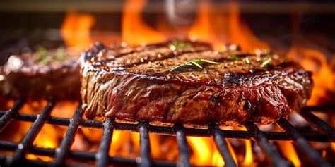 Premium Photo Beef Ribeye Steak Grilling On A Flaming Grill Generative Ai