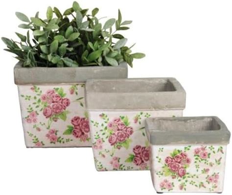 Amazon Esschert Design Usa Set Of Three Aged Ceramic Square Flower