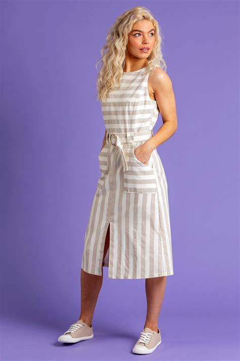 Stone Striped Belted Midi Dress Roman Uk