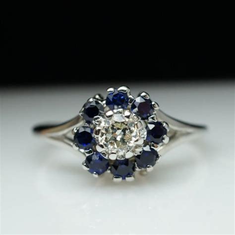 Vintage Antique Sapphire Old European Cut Diamond Cluster Flower Ring