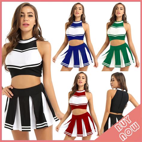 2pcs Women Adults Cheerleader Costume Uniform Outfit Stand Collar