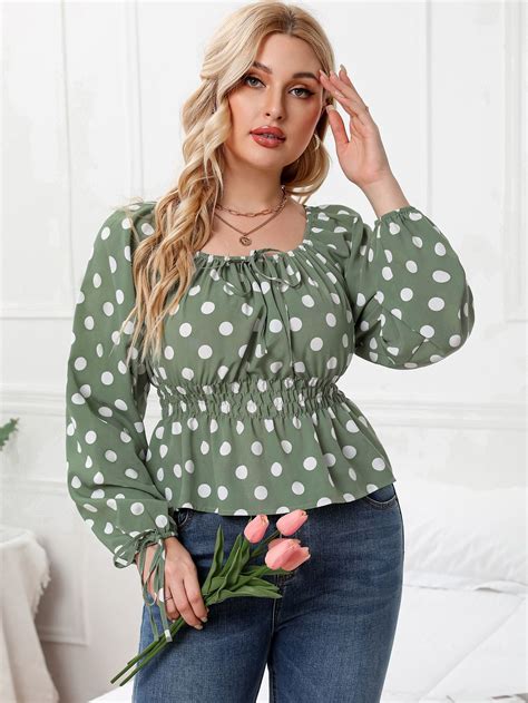 Plus Polka Dot Lantern Sleeve Shirred Waist Peplum Blouse Peplum