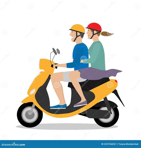 Man And Woman Riding Yellow Motor Scooter Couple On Moped Flat Style Stock Vector