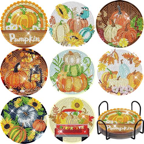 Amazon 8 Pieces Pumpkin Diamond Painting Coasters Kit Fall Diamond