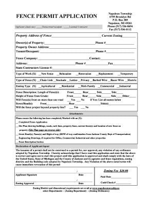 Fillable Online Fence Permit Application Napoleon Township Fax Email