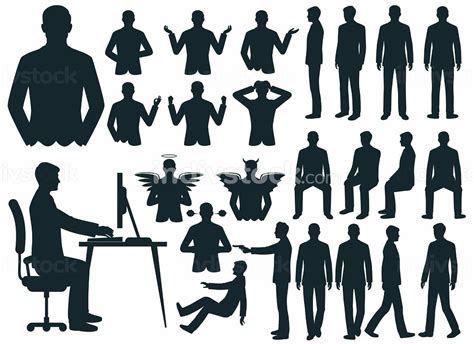 Silhouettes Of Business Man Walking Standing Sitting And At Desk