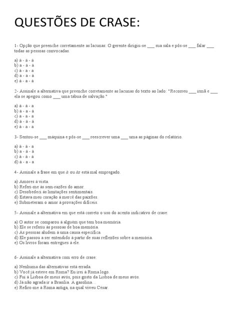Questões Sobre Crase - 15 Questões De Crase. | Questões de Português – ECCKF