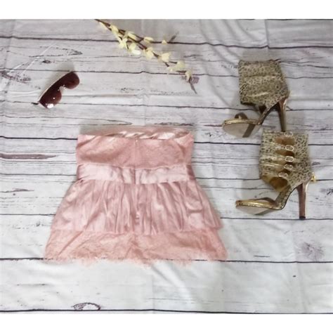 Moda International Tops Dusty Rose Nude Blush Lace Pleated Peplum