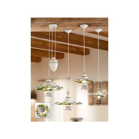 Lampadario Saliscendi Con Contrappeso E Paralume In Ceramica Con Decoro