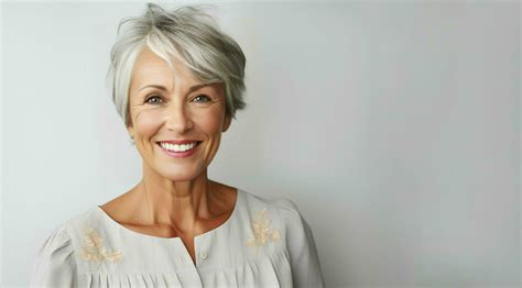 Portrait Of A Gorgeous S Mid Age Woman With Gray Hair Smiling Copy