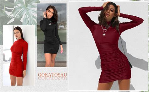 Gokatosau Women S Sexy Stand Neck Bodycon Long Sleeve Ruched Club Party Mini Dress