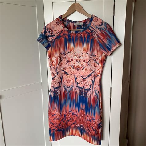 Zara Pink And Blue Neoprene Scuba Dress Size M Depop