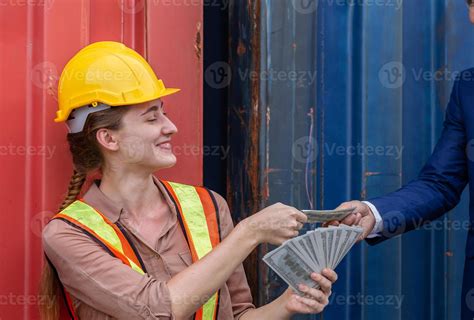 Happy Young Female Worker Receiving Salary Bonus Money From Boss