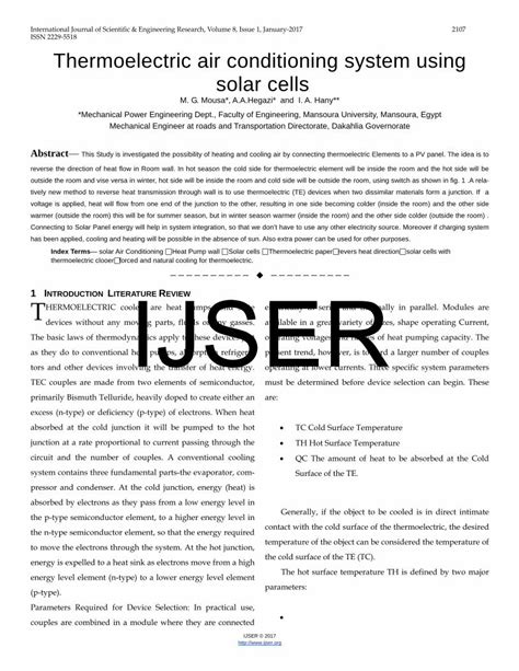 Pdf Thermoelectric Air Conditioning System Using Solar Cells