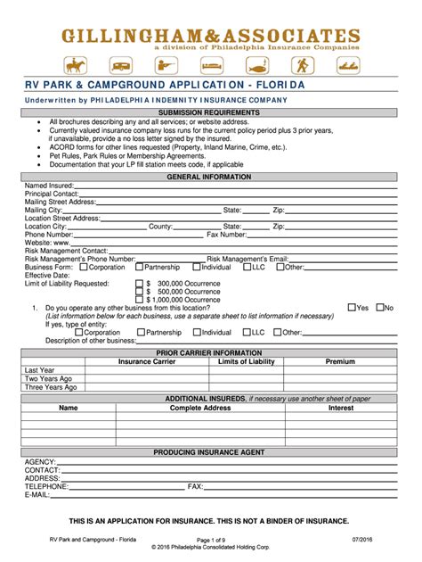 Fillable Online Rv Park And Campground Application Florida Philadelphia Insurance Fax