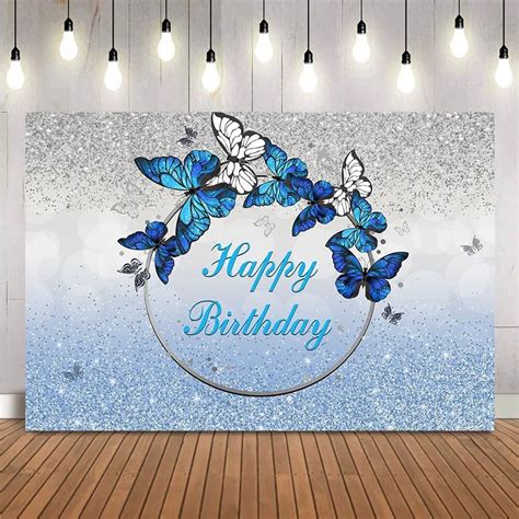 Blue Birthday Backdrop Sliver Glitter Happy Birthday Party Decoration