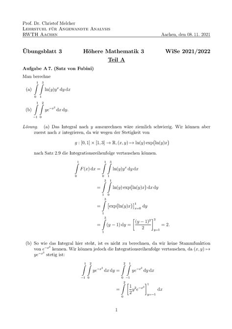 Uebungsblatt Wintersemester Prof Dr Christof Melcher Lehrstuhl