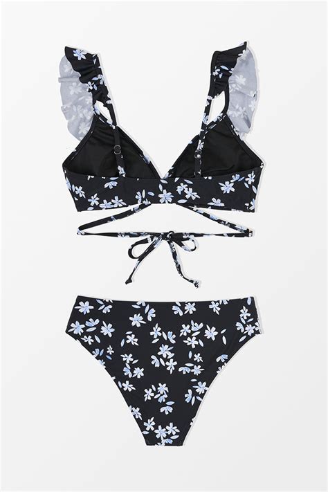 Ruffle Wrap Tie Back Shirred Top Mid Rise Bikini Set