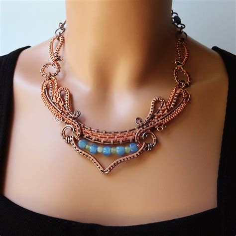 Dance Copper Wire Wrapped Statement Necklace Blue Green Flowing Woven