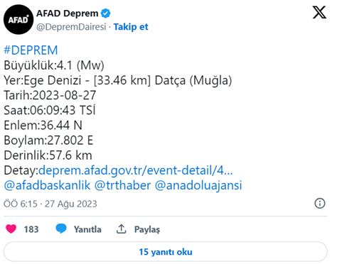 Ege Denizinde 4 1 şiddetinde deprem meydana geldi