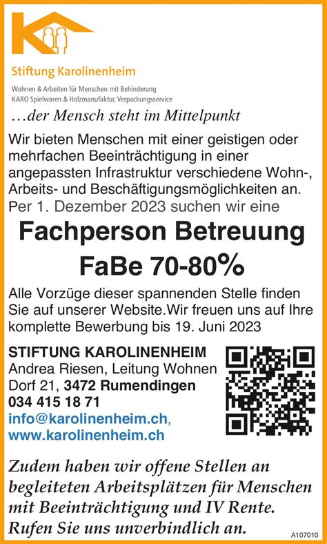 Fachperson Betreuung Fabe Stiftung Karolinenheim Rumendingen