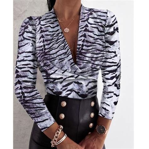 Cheap Women Blouse Sexy V Neck Leopard Printed Long Sleeve Shirts