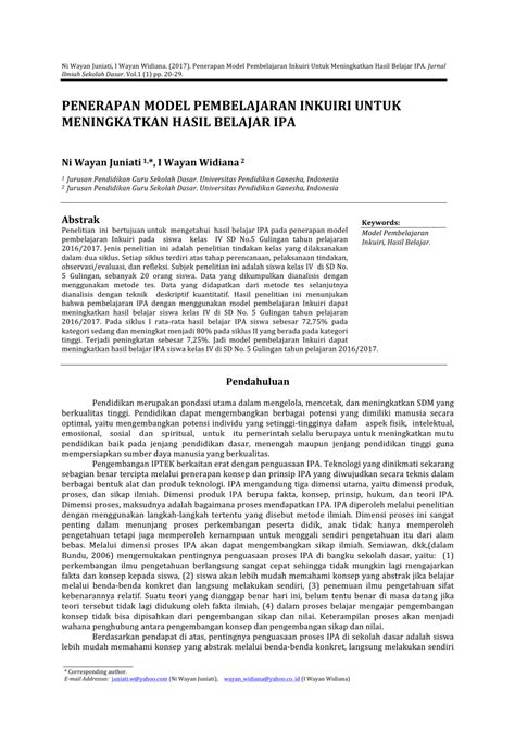 Pdf Penerapan Model Pembelajaran Inkuiri Untuk Meningkatkan Hasil