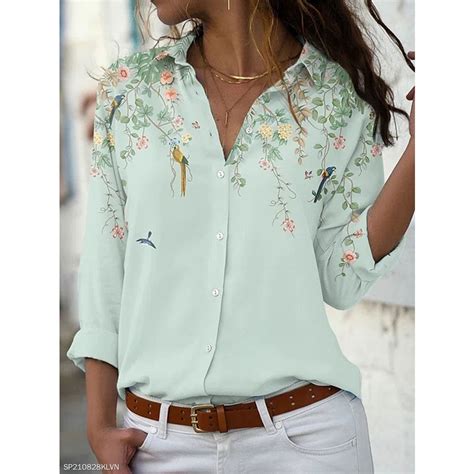 Temperamento Mulheres Camisa Solta Floral Manga Longa Camisas Femininas