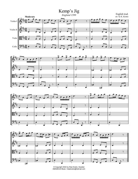 Kemp S Jig For String Quartet Arr K Krantz Sheet Music Trad