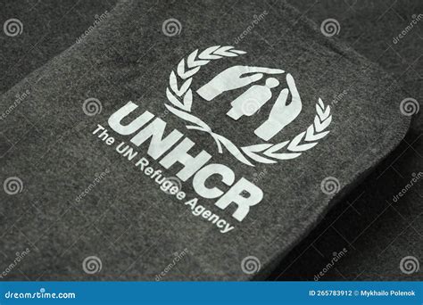 KYIV, UKRAINE - MAY 4, 2022 UNHCR the UN Refugee Agency Logo on Humanitarian Grey Blankets ...