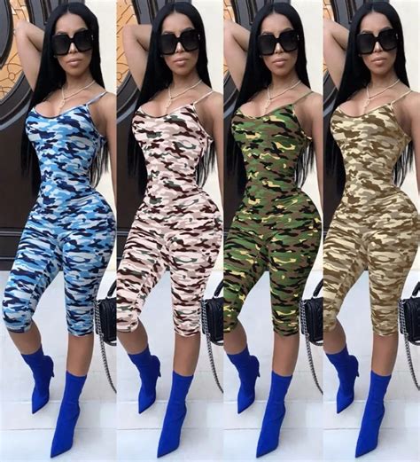 2018 New Arrival Women Sexy Print Camouflage Jumpsuit Spaghetti Strap