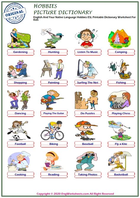 English And Your Native Language Hobbies Esl Printable Dictionary