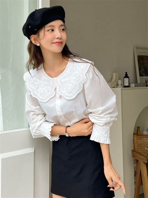 Dazy Eyelet Embroidery Statement Collar Flounce Sleeve Blouse Shein Usa