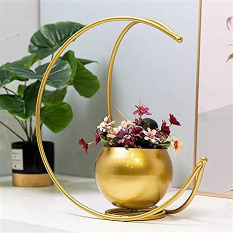 Dev Vandana Handicraft Golden Metal Flower Pot Planter With Stand