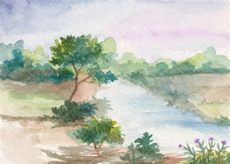 Premium Vector Hand Painted Watercolor Riverside Landscape Background