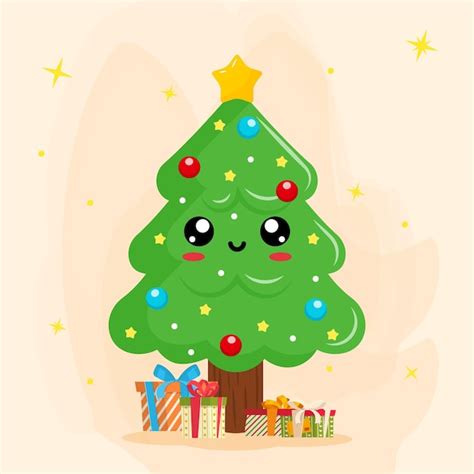 Árvore de natal Kawaii presentes Vetor Premium