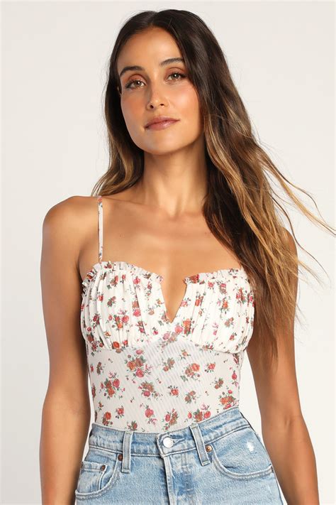 White Floral Print Bodysuit Sleeveless Bodysuit V Bar Top Lulus