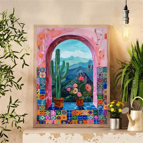 Mexican Cactus Print Mexico Nature Scenery And Tiles Print Boho Wall