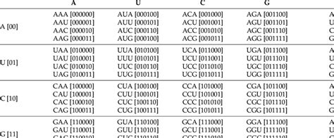 Binary representations of mRNA Codons. | Download Scientific Diagram