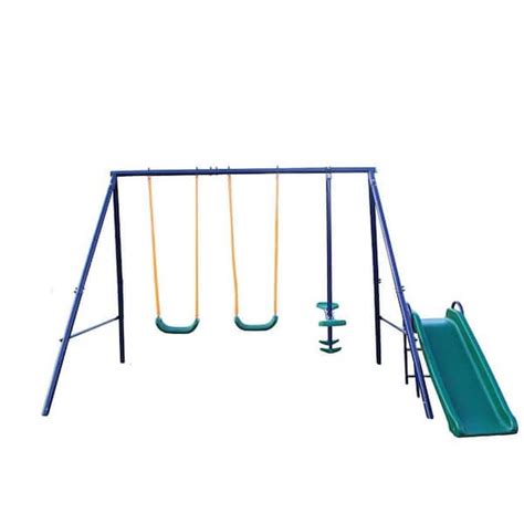 Metal Outdoor Swing Set with 2 Swing Seats, 1 Glider, 1 Slide ...