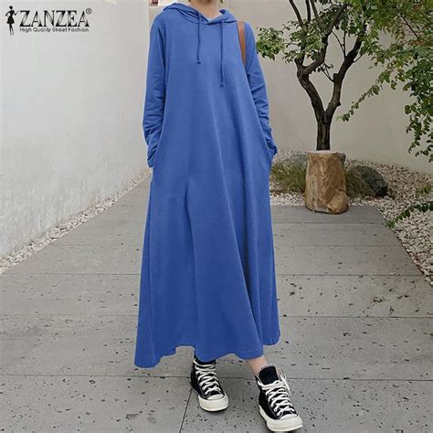 Zanzea Fashion Hooded Vestido Women Oversize Hoodies Dresses Casual Female Maxi Robe Longue 2021